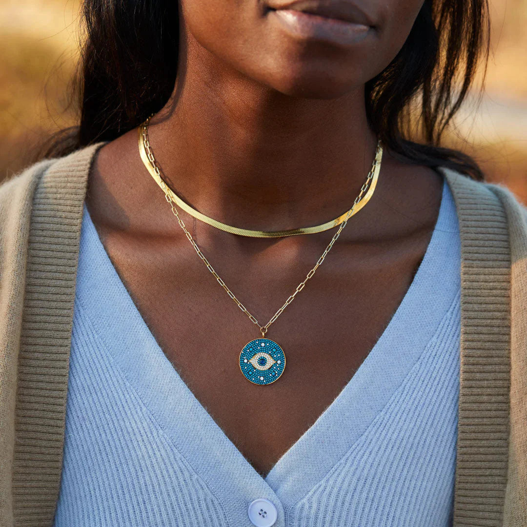 Evil Eye Large Circle Pendant Layered Necklace Set