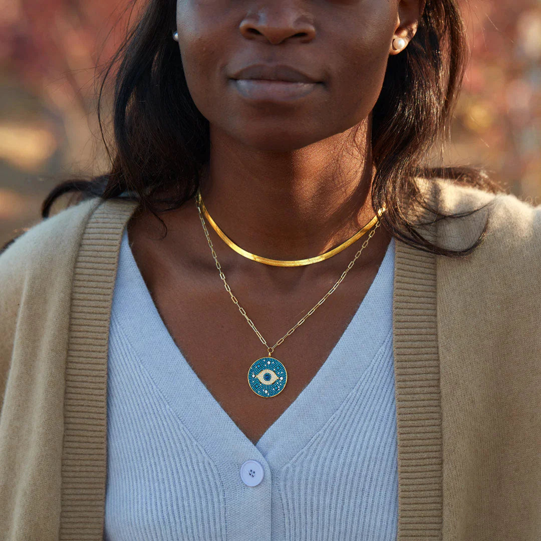 Evil Eye Large Circle Pendant Layered Necklace Set