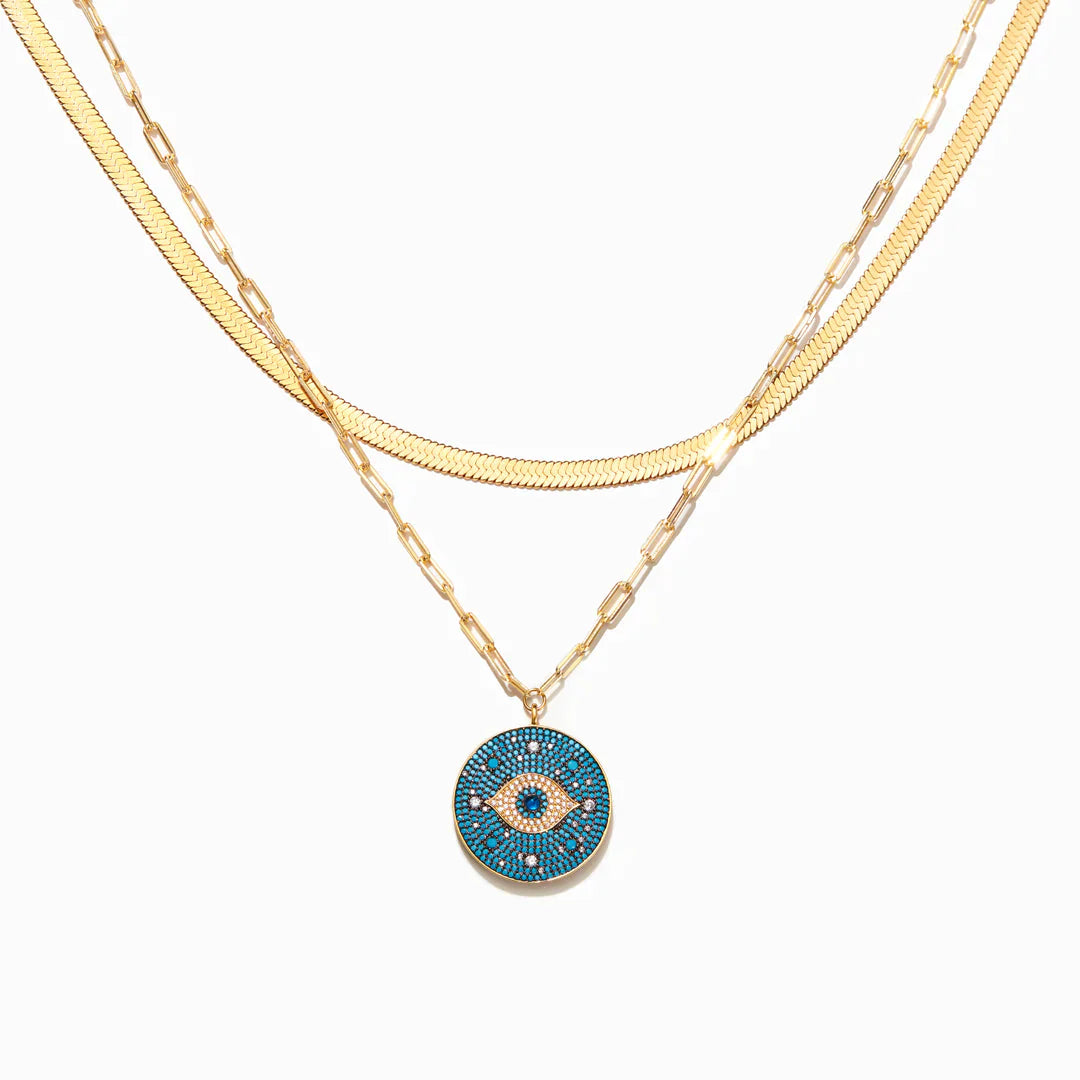 Evil Eye Large Circle Pendant Layered Necklace Set