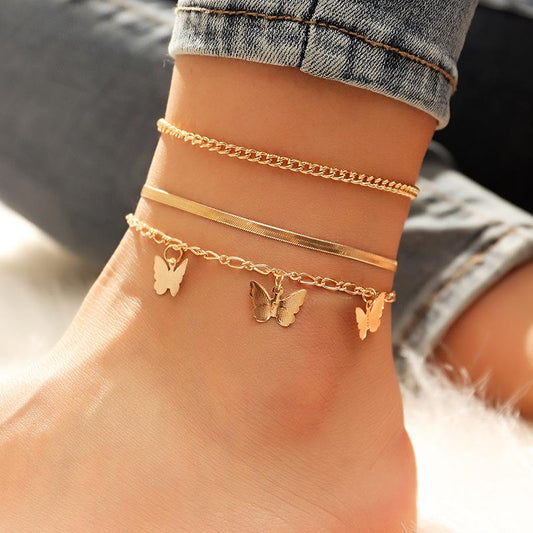 Three Layers Anklets Bracelet Beach Anklet Set Butterfly Anklet