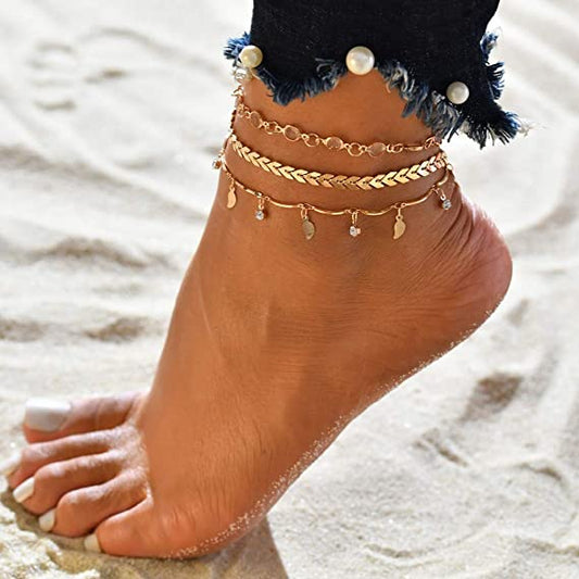 Three Layers Anklets Bracelet Beach Anklet Set Tassel Leaf Arrow Anklet Sequins anklet